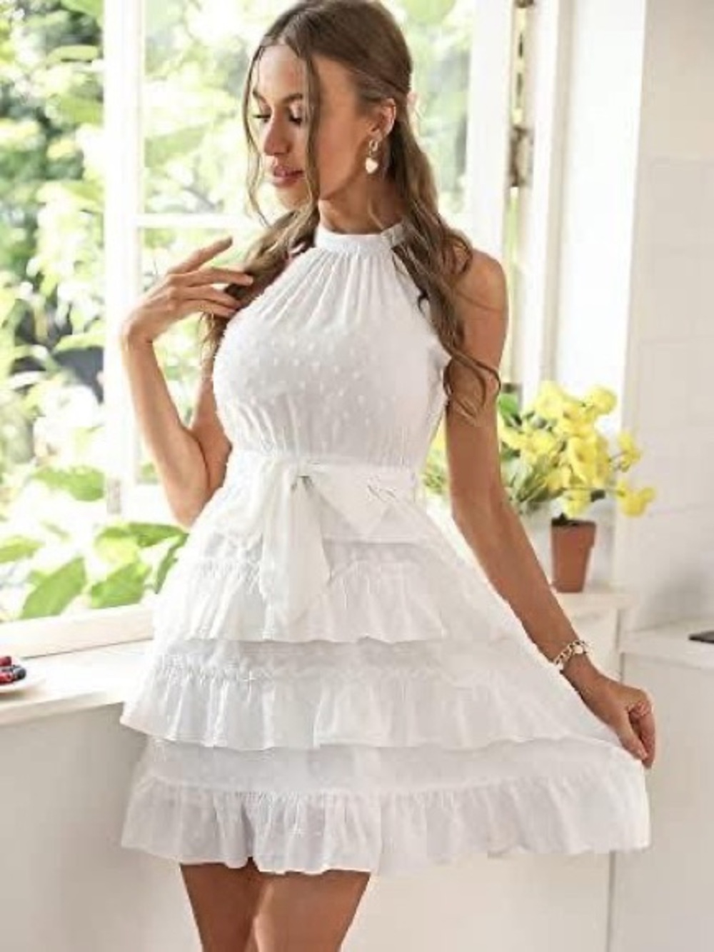 SHEIN Swiss Dot White Halter Ruffle Dress